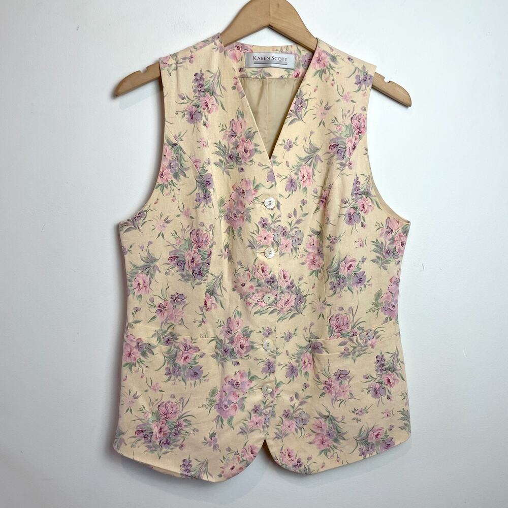 Vintage 90s Linen Rayon Floral Longline Vest Medium Cottage Romantic Layering